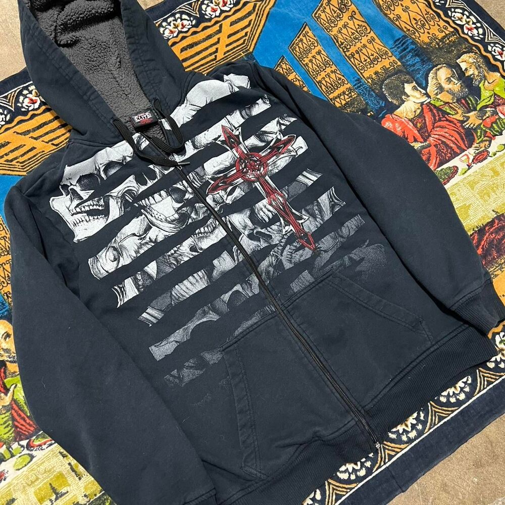 MMA elite skull hoodie Size medium Sherpa Lined Fur Hood Punk Skater Grunge y2k - Picture 3 of 7
